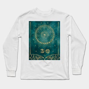 Gold Tarot Card Moon Phases and Ancient Astrology Symbols on Dark Blue Watercolor Paper Long Sleeve T-Shirt